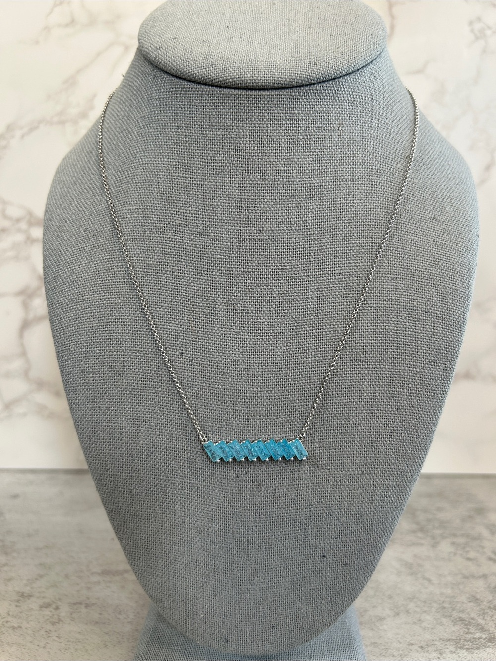 Bomb Party Lab Created Aquamarine Bar Necklace Rhodium Plated Chain